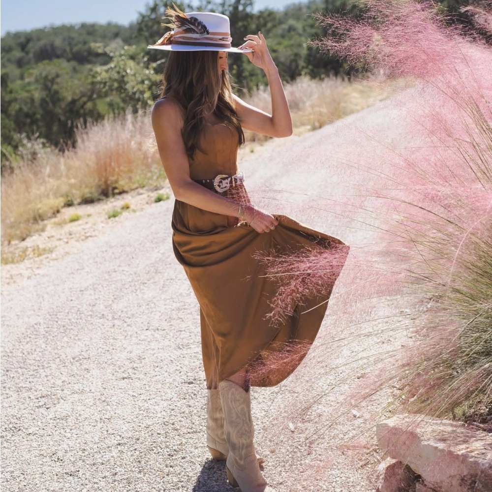 Wayf Faux Suede Tan Midi Dress with Pockets